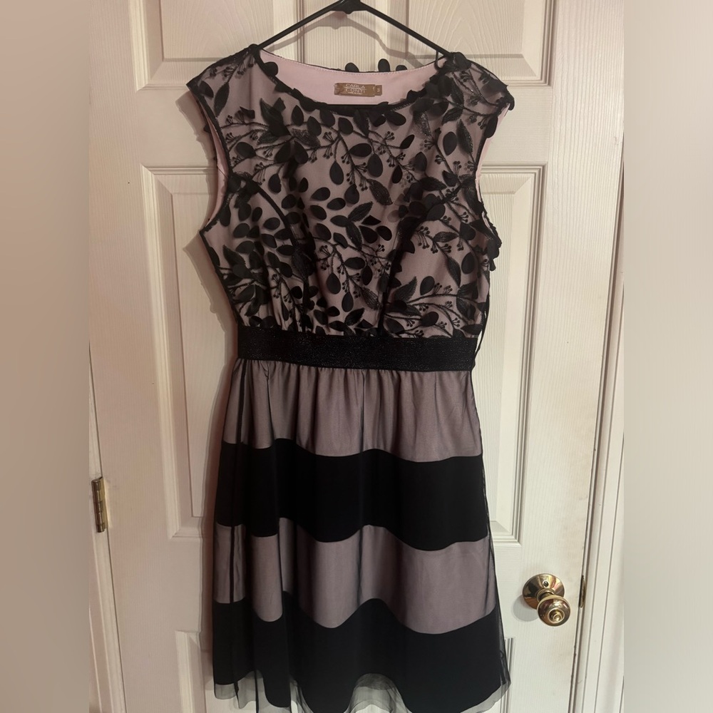 Carla Conti party dress size med pale pink 3D black flowers elastic waist